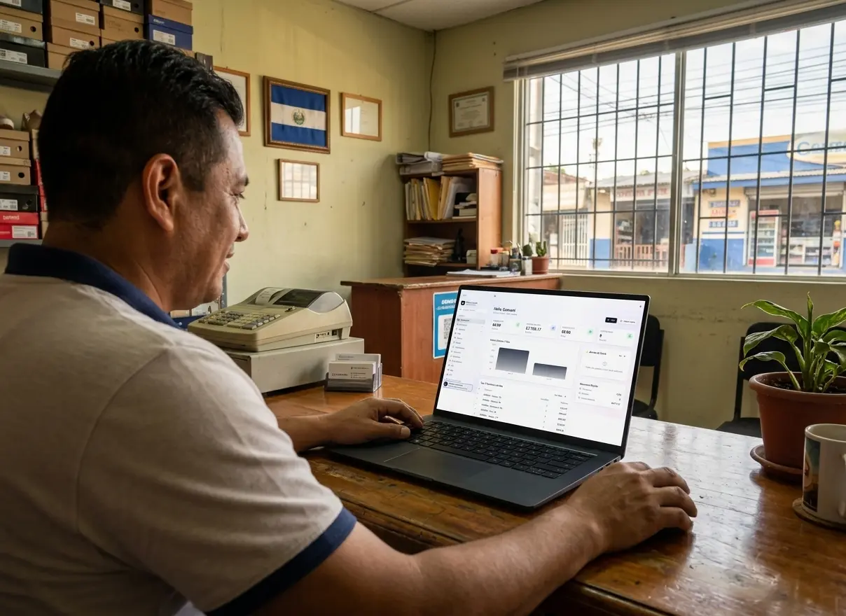 Dueño de un negocio en El Salvador revisando resultados desde su laptop