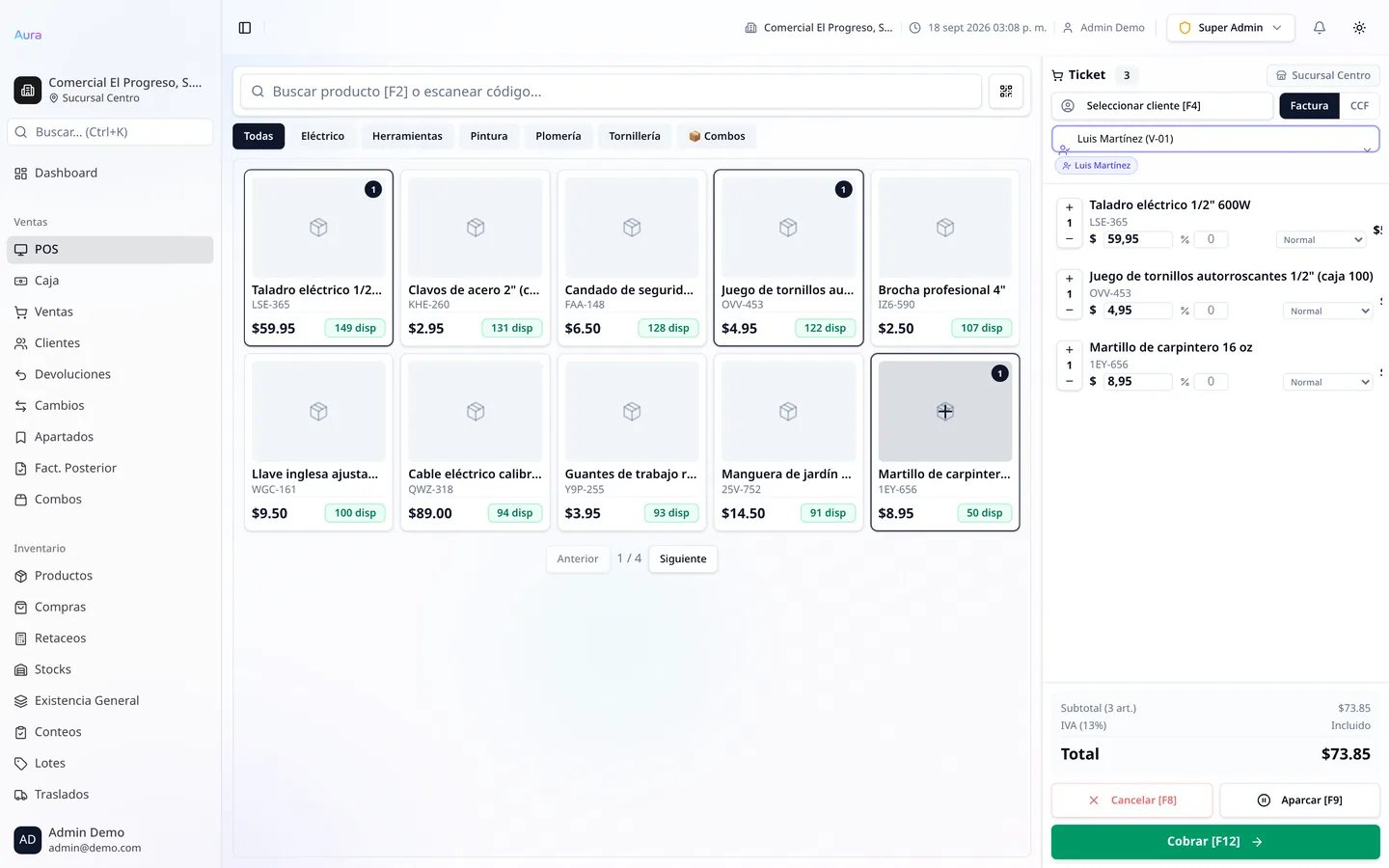 Punto de venta de Aura ERP con un ticket de tres productos y vendedor asignado