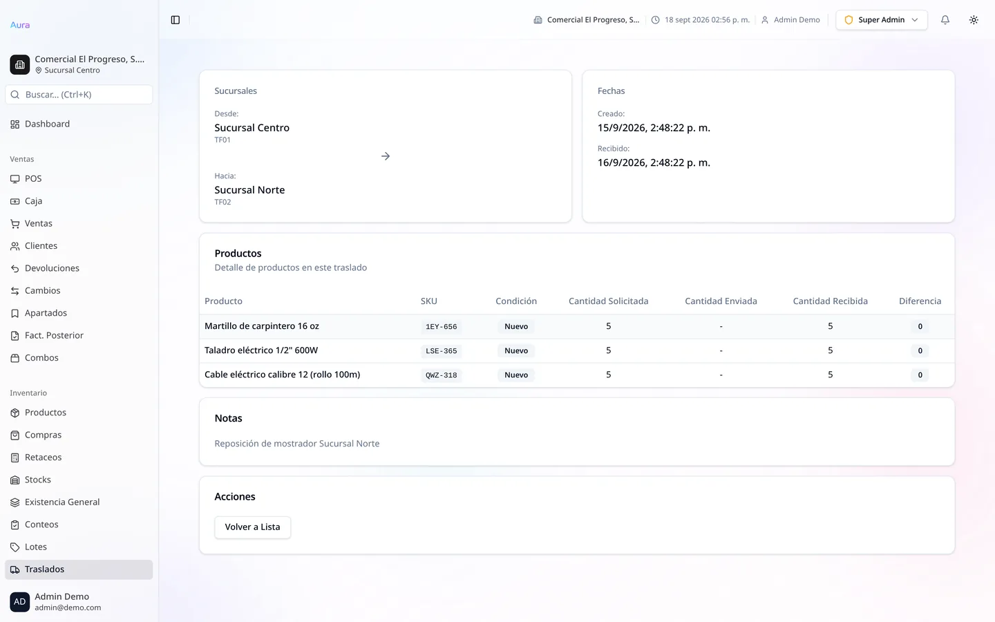 Detalle de traslado entre sucursales en Aura ERP con productos y cantidades