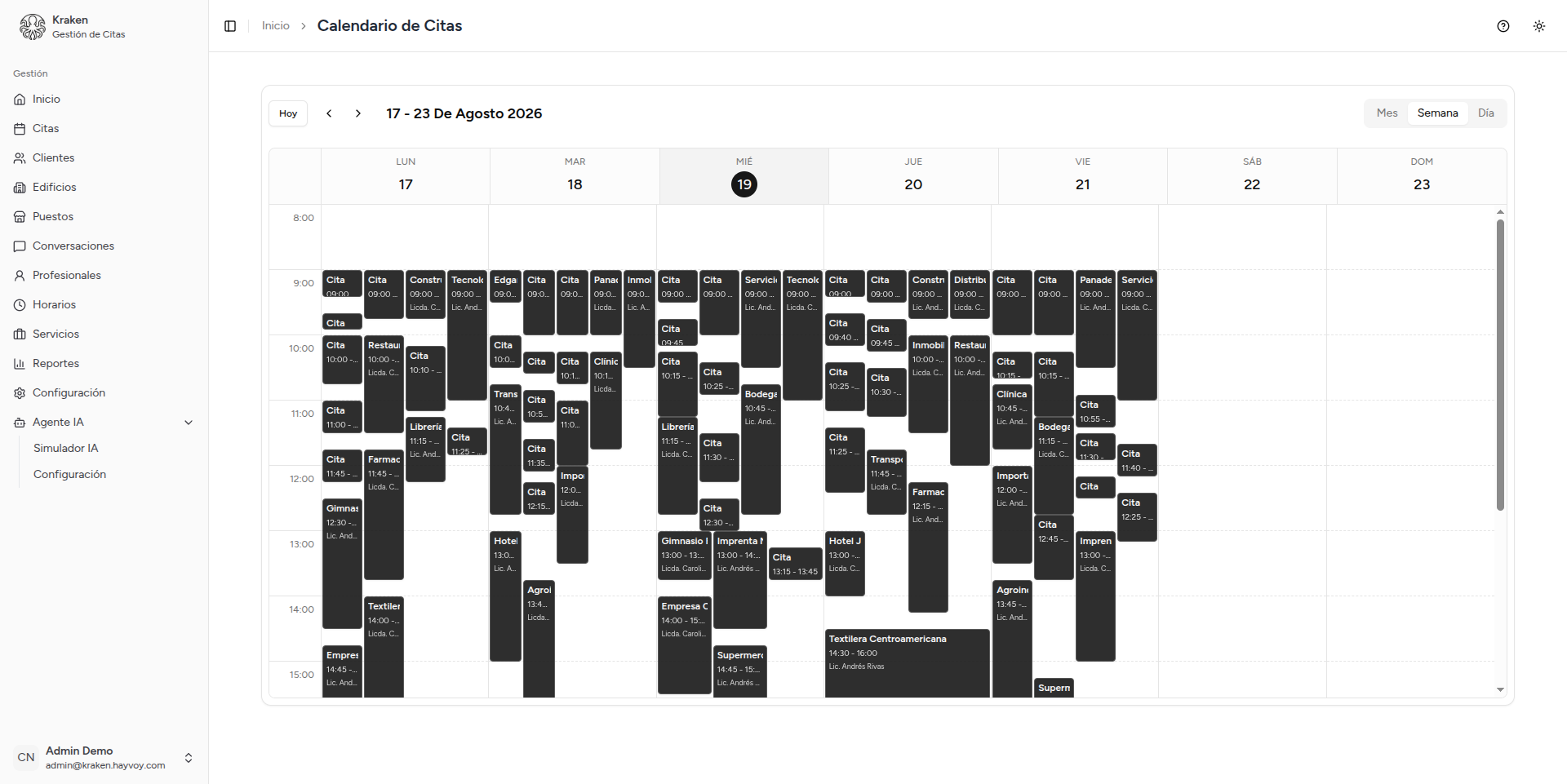Calendario semanal de citas de Kraken con la agenda por profesional en El Salvador